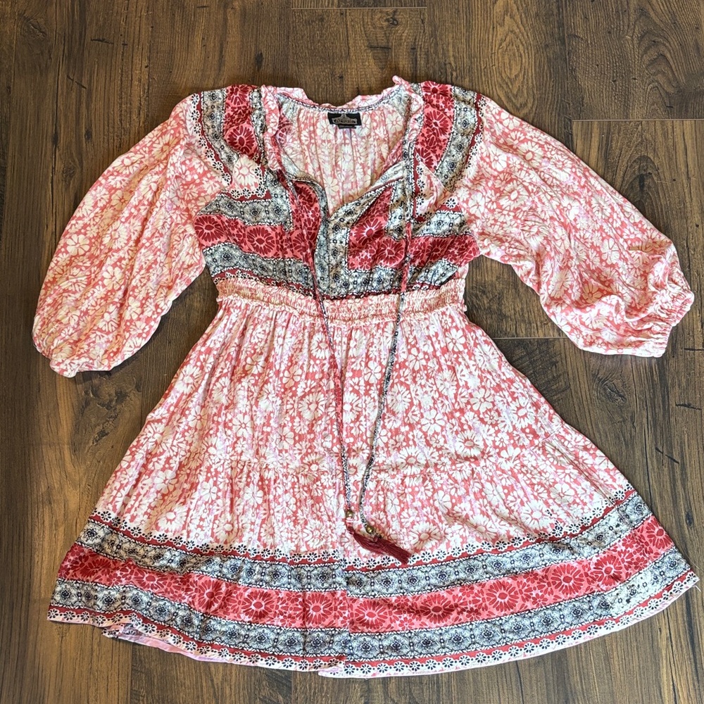 Angie Coral Pink Floral Tiered Peasant Dress